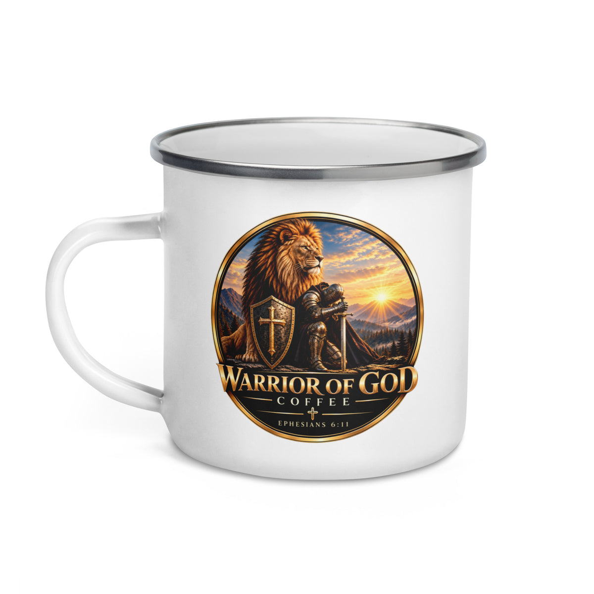 Basecamp Enamel Mug by Warrior of God Coffee with the lion and knight crest