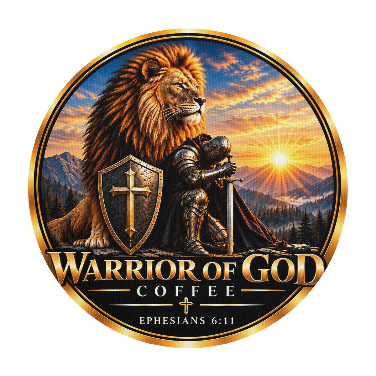 Round Warrior Crest Christian mouse pad with Warrior of God lion and knight crest