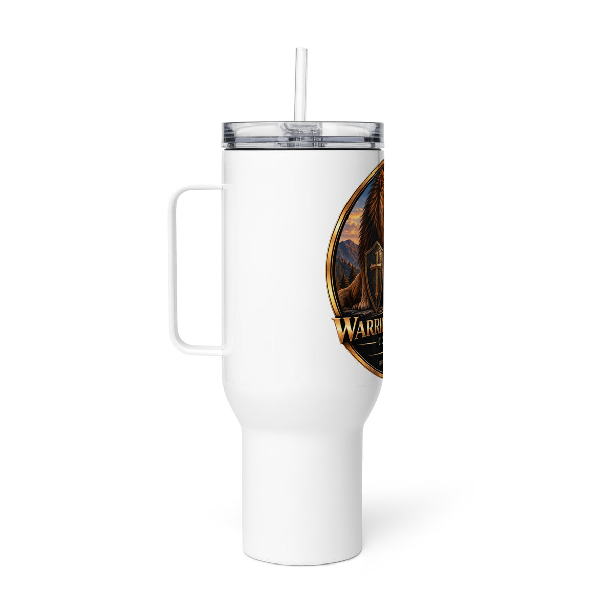 Frontline Travel Mug by Warrior of God Coffee with the lion and knight crest