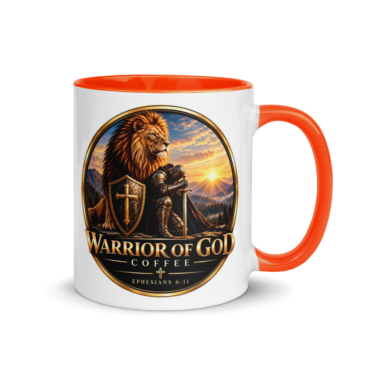 Two-Tone Warrior Mug by Warrior of God Coffee with the lion and knight crest