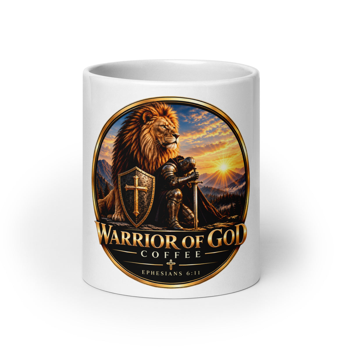 Warrior Crest Mug by Warrior of God Coffee with the lion and knight crest
