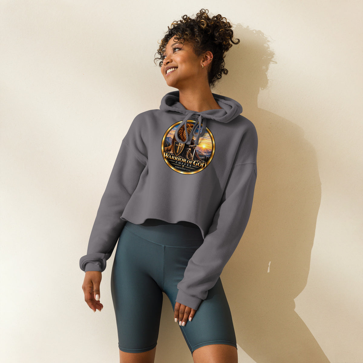 Warrior Crest Women's Crop Hoodie, storm, on model