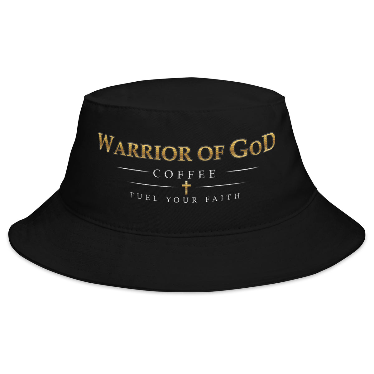 Black Sentinel Christian bucket hat with Warrior of God Coffee embroidery