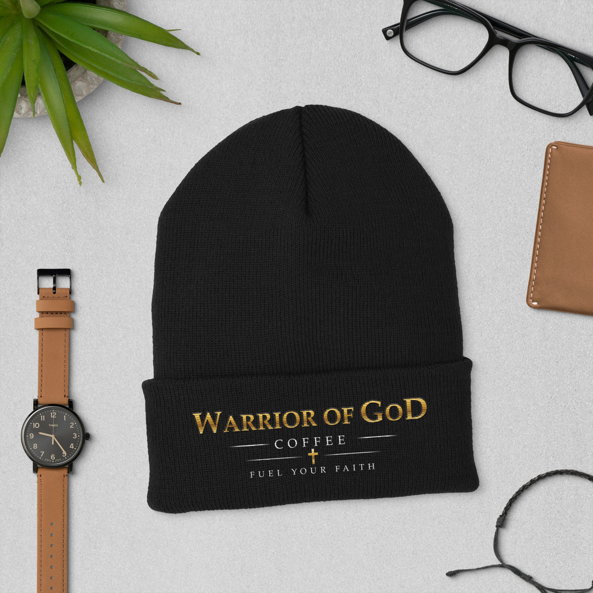 Black Watchman Christian cuffed beanie with Warrior of God Coffee embroidery