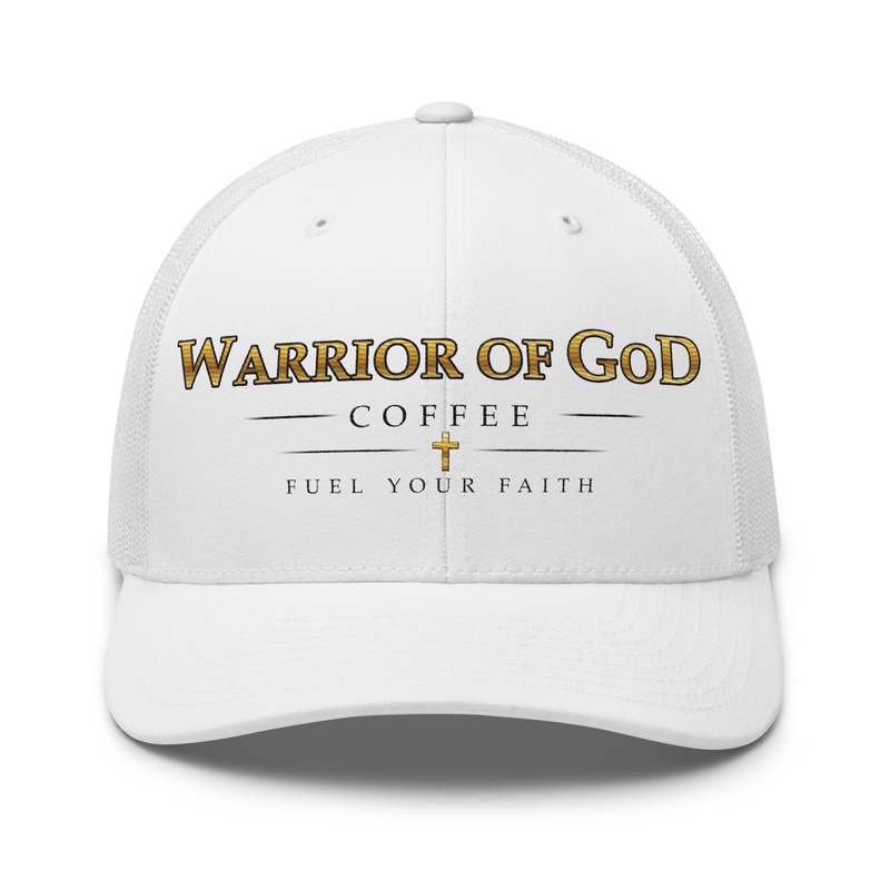 White Battle-Ready Christian trucker cap with Warrior of God Coffee embroidery, front