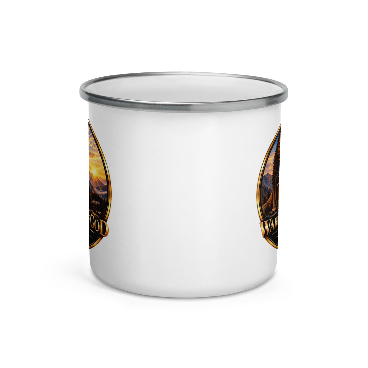 Basecamp Enamel Mug by Warrior of God Coffee with the lion and knight crest
