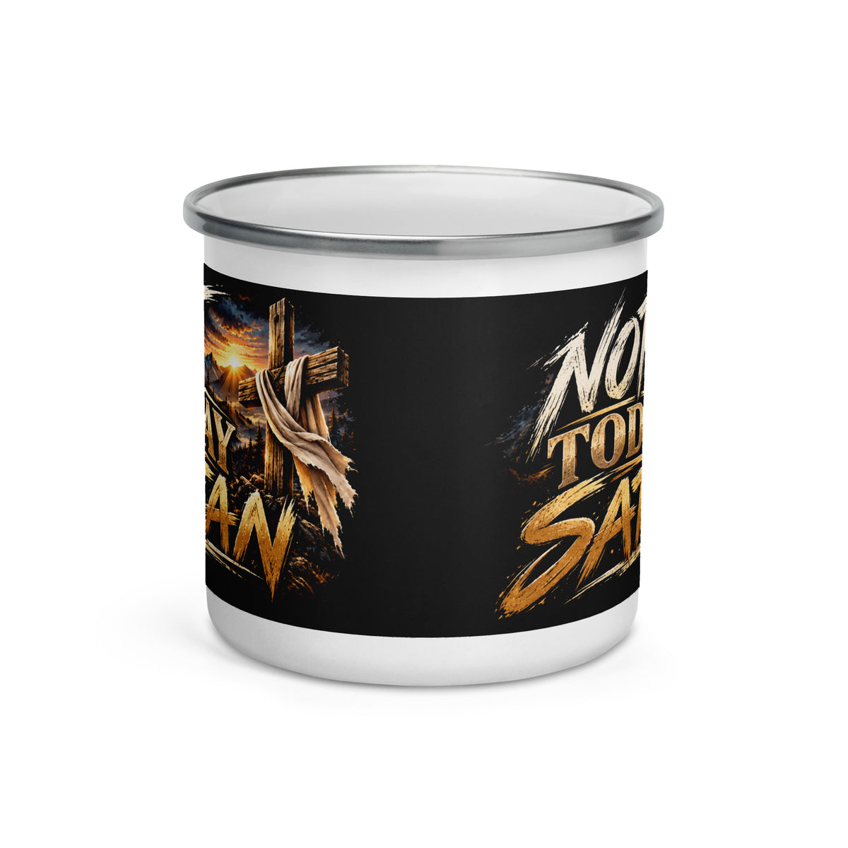 Not Today Satan Enamel Mug – Brothers, front view of the enamel camp mug