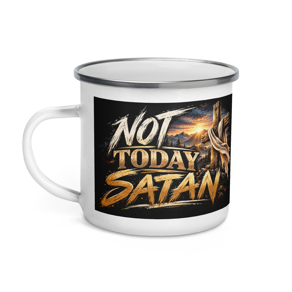 Not Today Satan Enamel Mug – Brothers, other side with the same Not Today Satan cross design