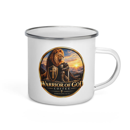 Basecamp Enamel Mug by Warrior of God Coffee with the lion and knight crest