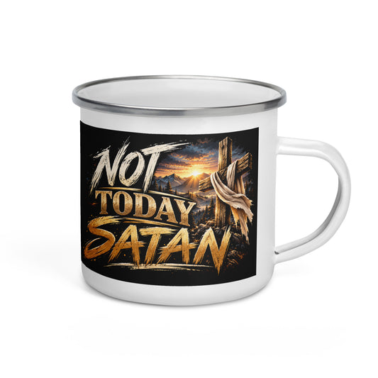 Not Today Satan Enamel Mug – Brothers, white enamel camp mug with silver rim and a black band with gold Not Today Satan lettering and rugged cross