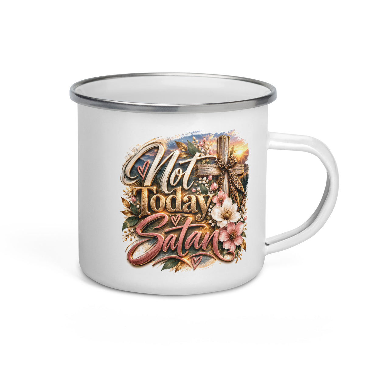 Not Today Satan Enamel Mug – Sisters, white enamel camp mug with silver rim, rose-gold Not Today Satan script, cross with leopard bow and pink flowers