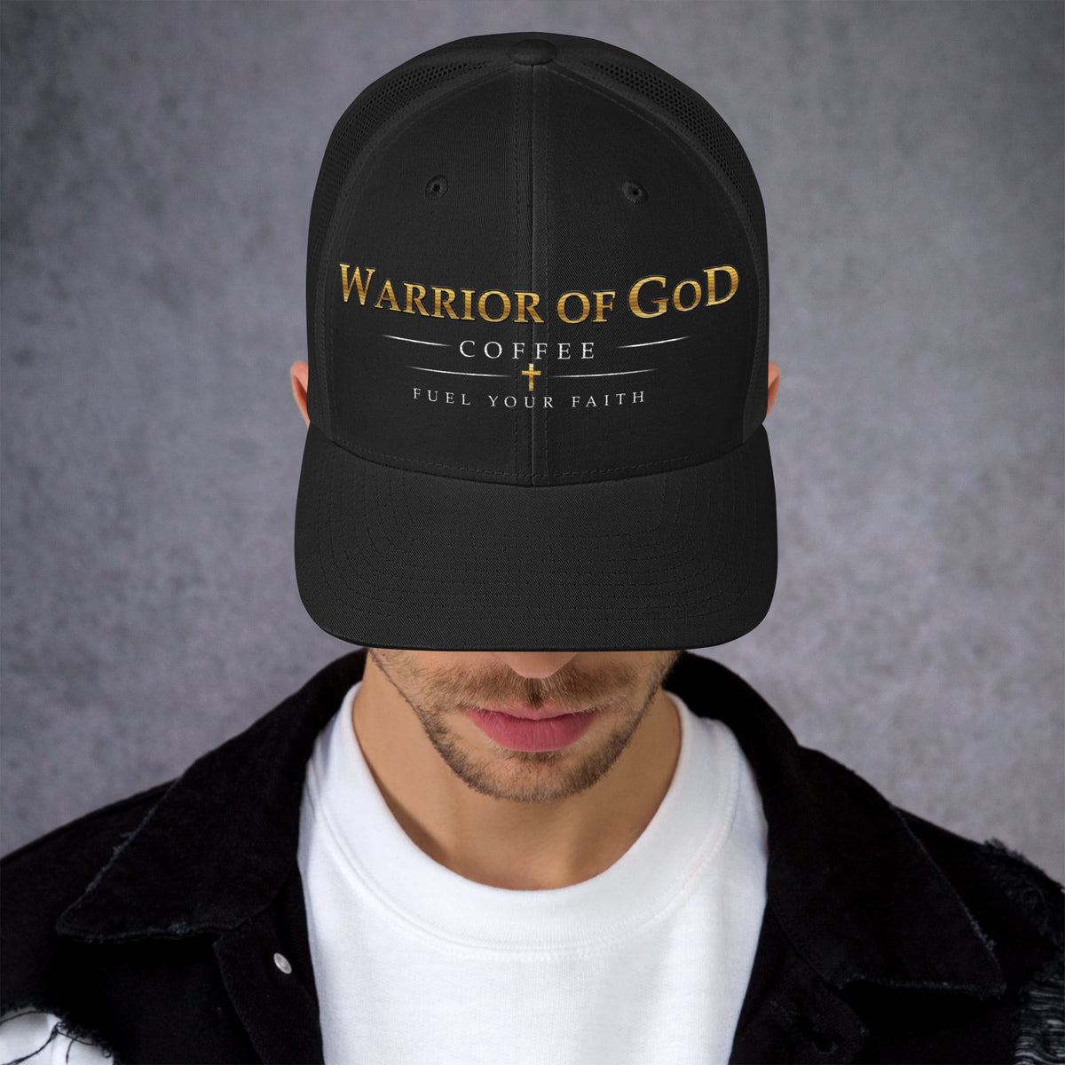 Black Battle-Ready Christian trucker cap with Warrior of God Coffee embroidery, front