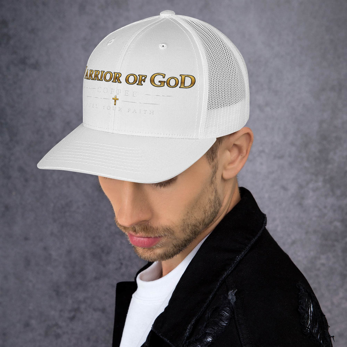 White Battle-Ready trucker cap by Warrior of God, left side