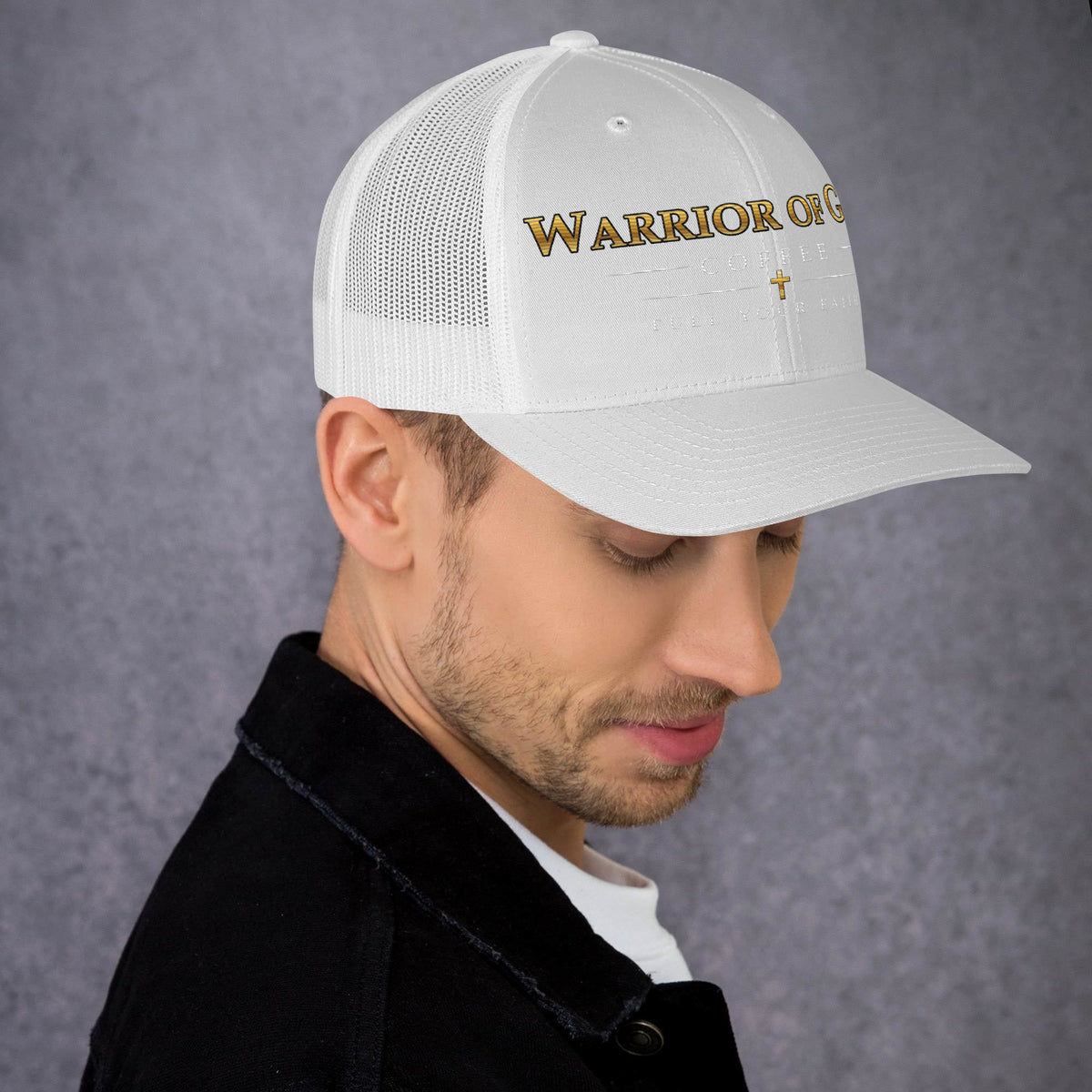 White Battle-Ready trucker cap by Warrior of God, right side