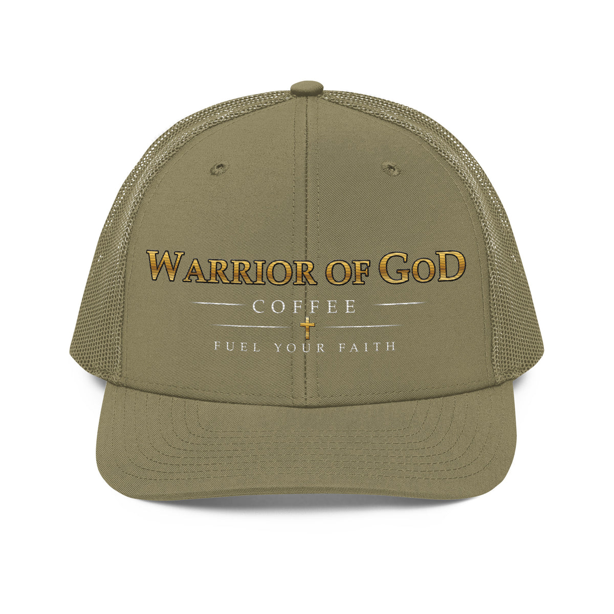 Loden Shield & Cross Christian snapback hat with Warrior of God Coffee embroidery, front