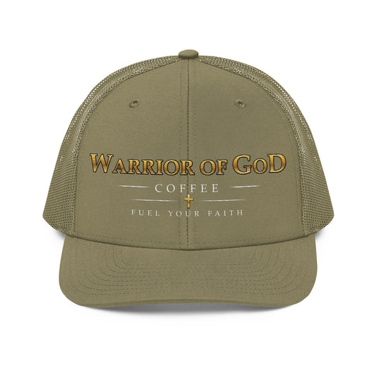 Loden Shield & Cross Christian snapback hat with Warrior of God Coffee embroidery, front