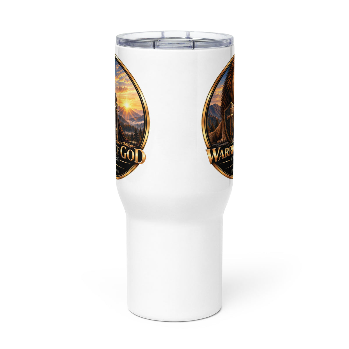 Frontline Travel Mug by Warrior of God Coffee with the lion and knight crest