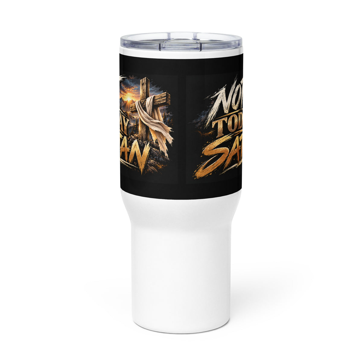 Not Today Satan Travel Mug – Brothers, front view of the 25 oz travel mug