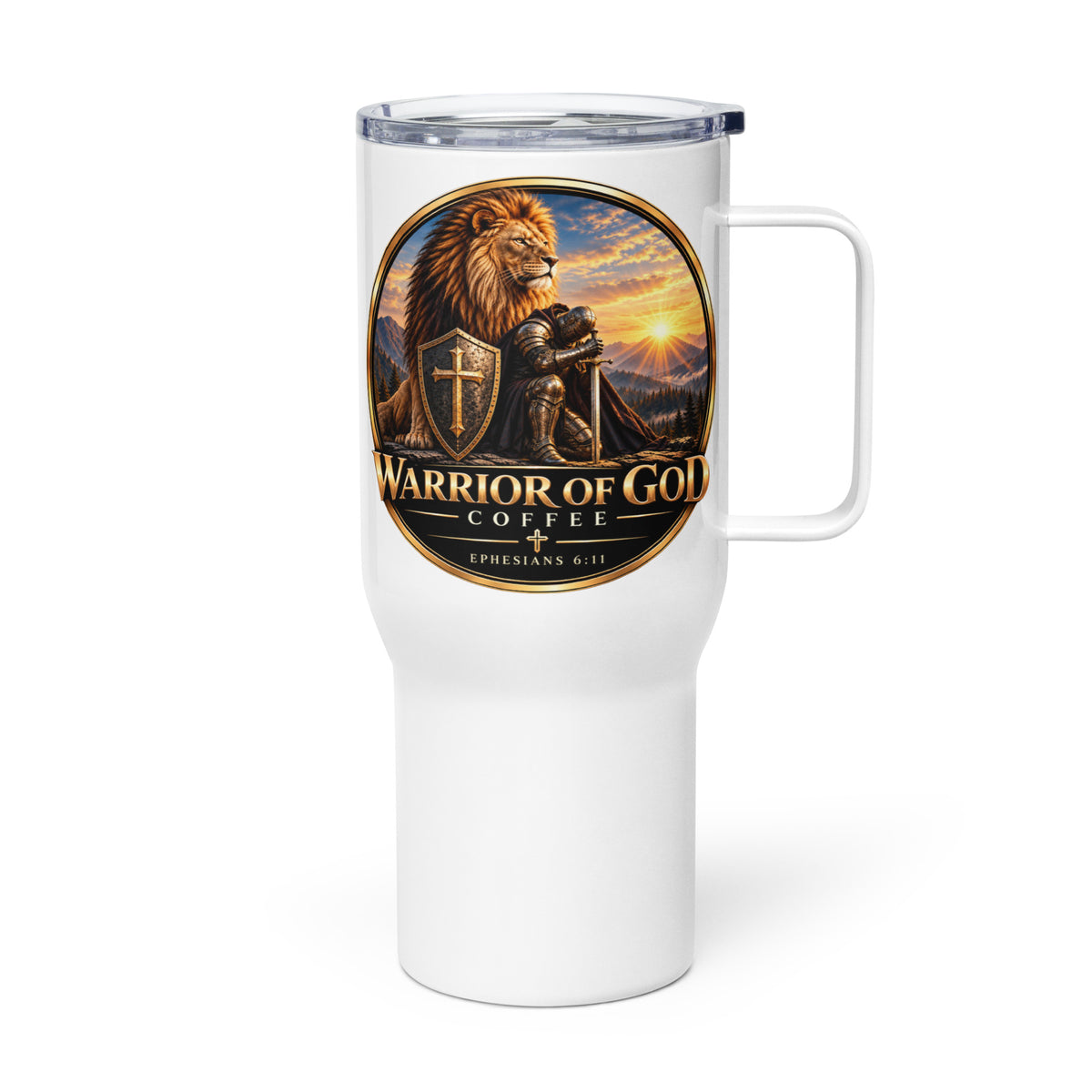 Frontline Travel Mug by Warrior of God Coffee with the lion and knight crest