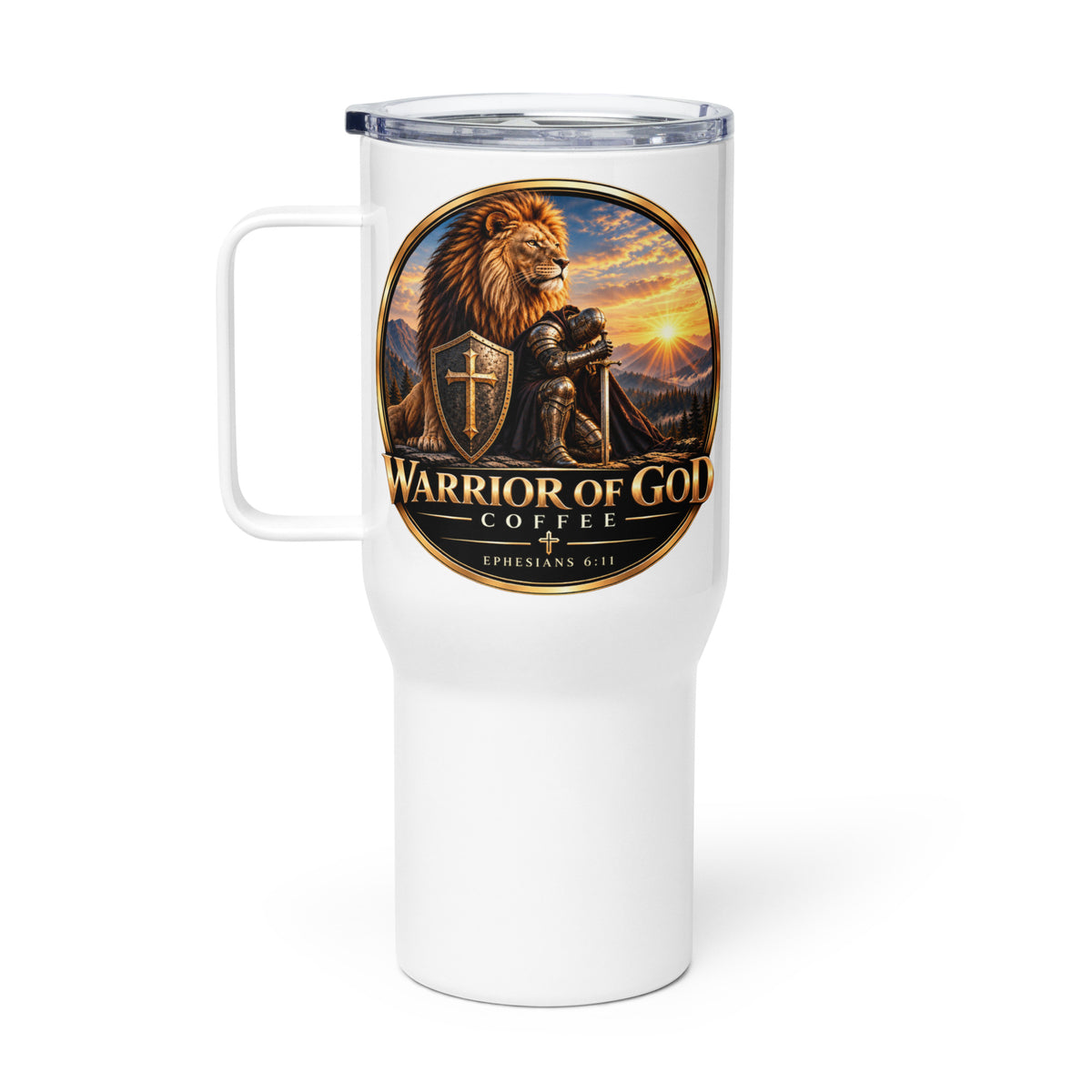 Frontline Travel Mug by Warrior of God Coffee with the lion and knight crest
