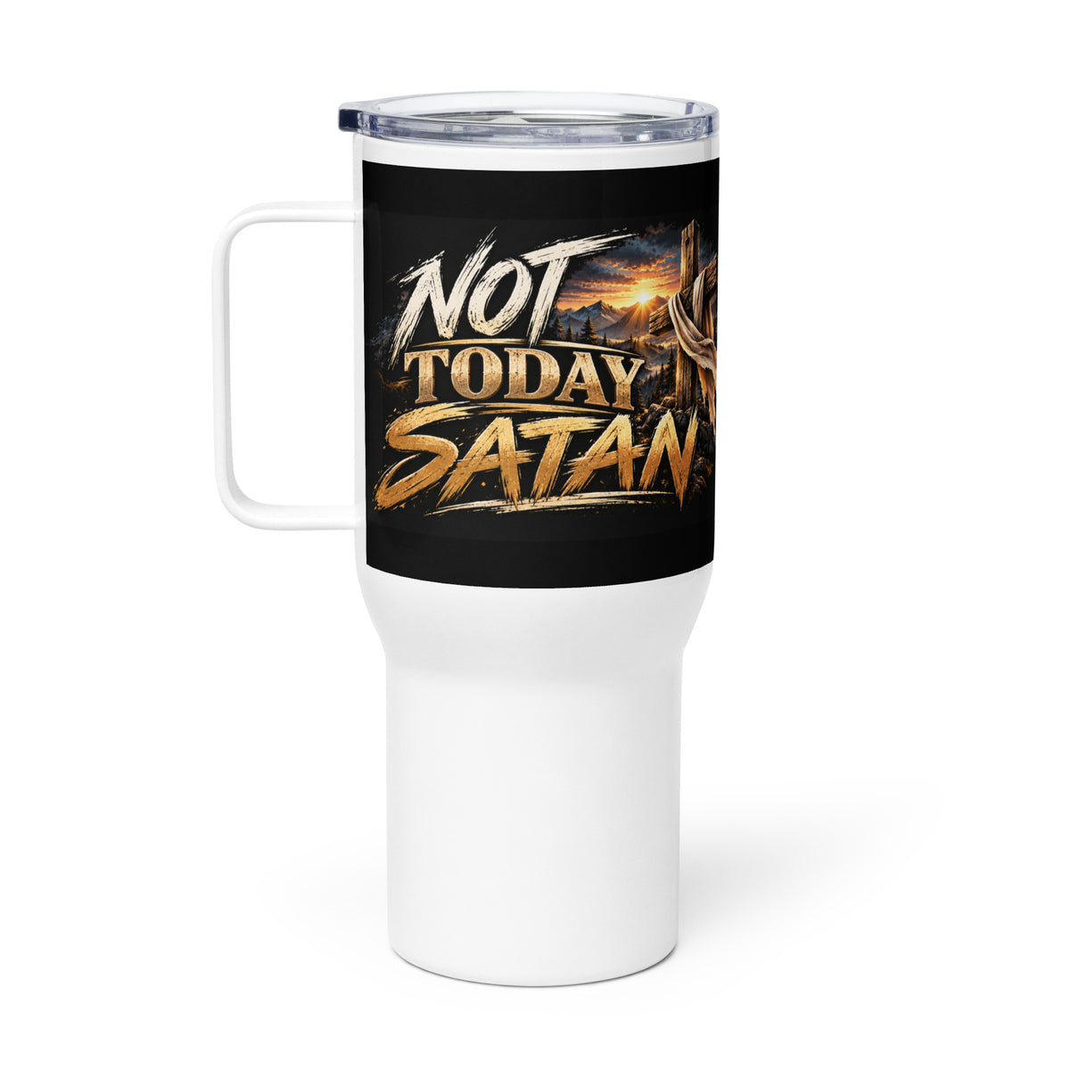 Not Today Satan Travel Mug – Brothers, other side with the same Not Today Satan cross design