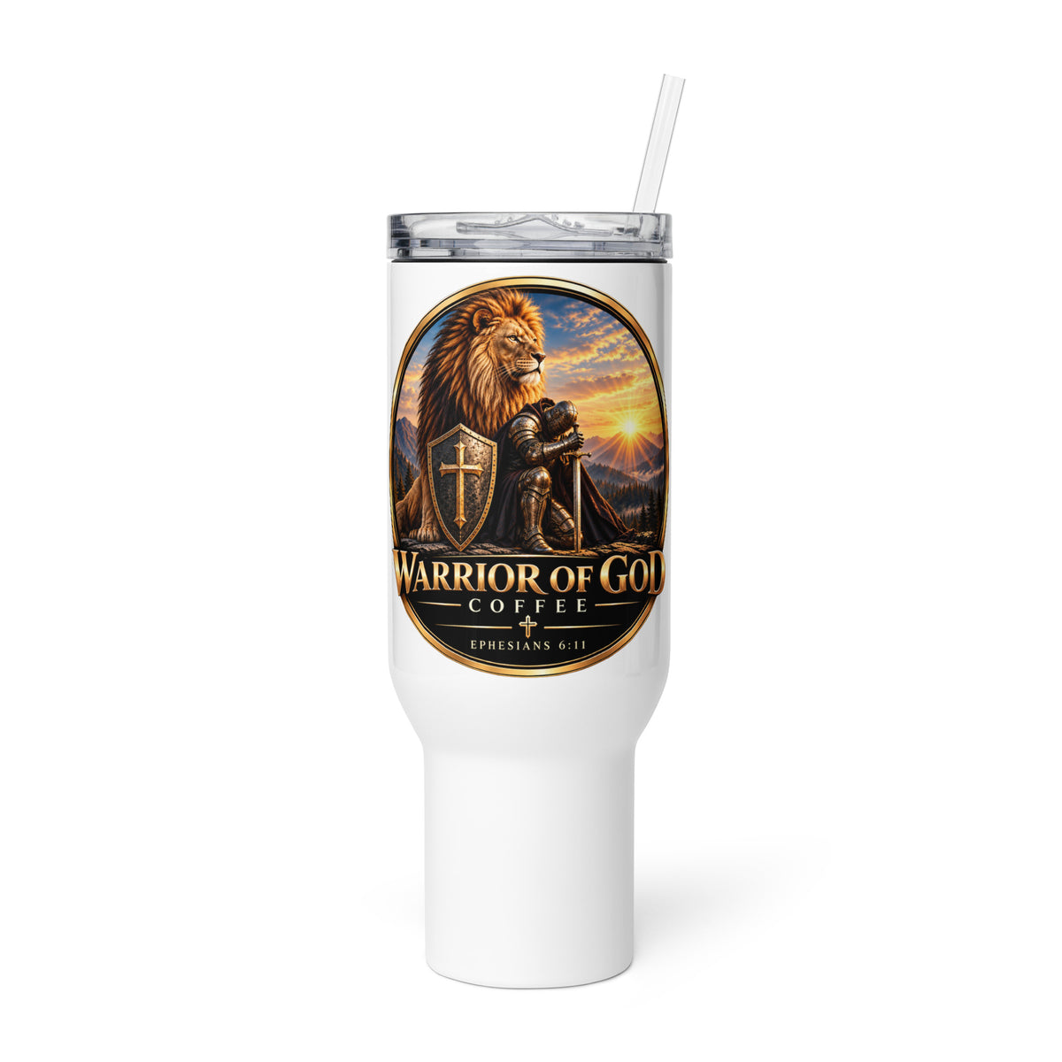 Frontline Travel Mug by Warrior of God Coffee with the lion and knight crest