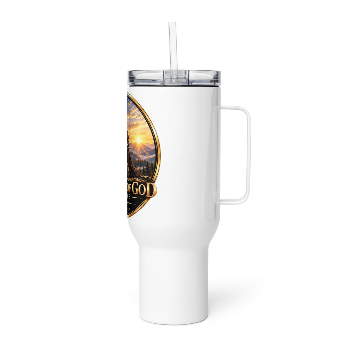 Frontline Travel Mug by Warrior of God Coffee with the lion and knight crest