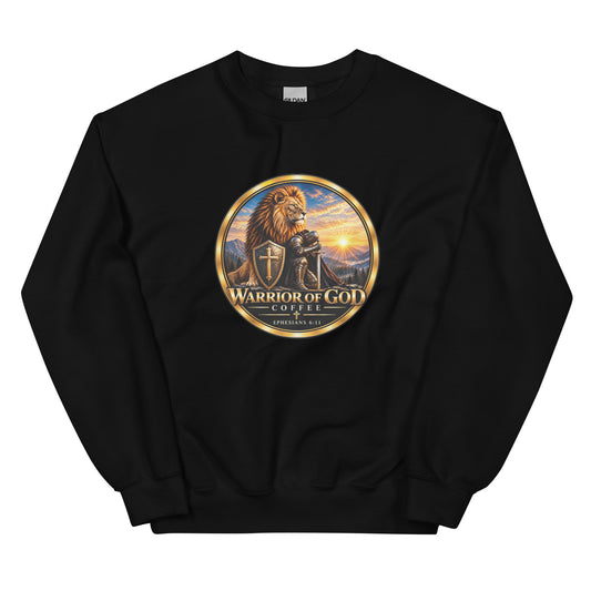 Black Shield Wall Christian crewneck sweatshirt with Warrior of God crest, front