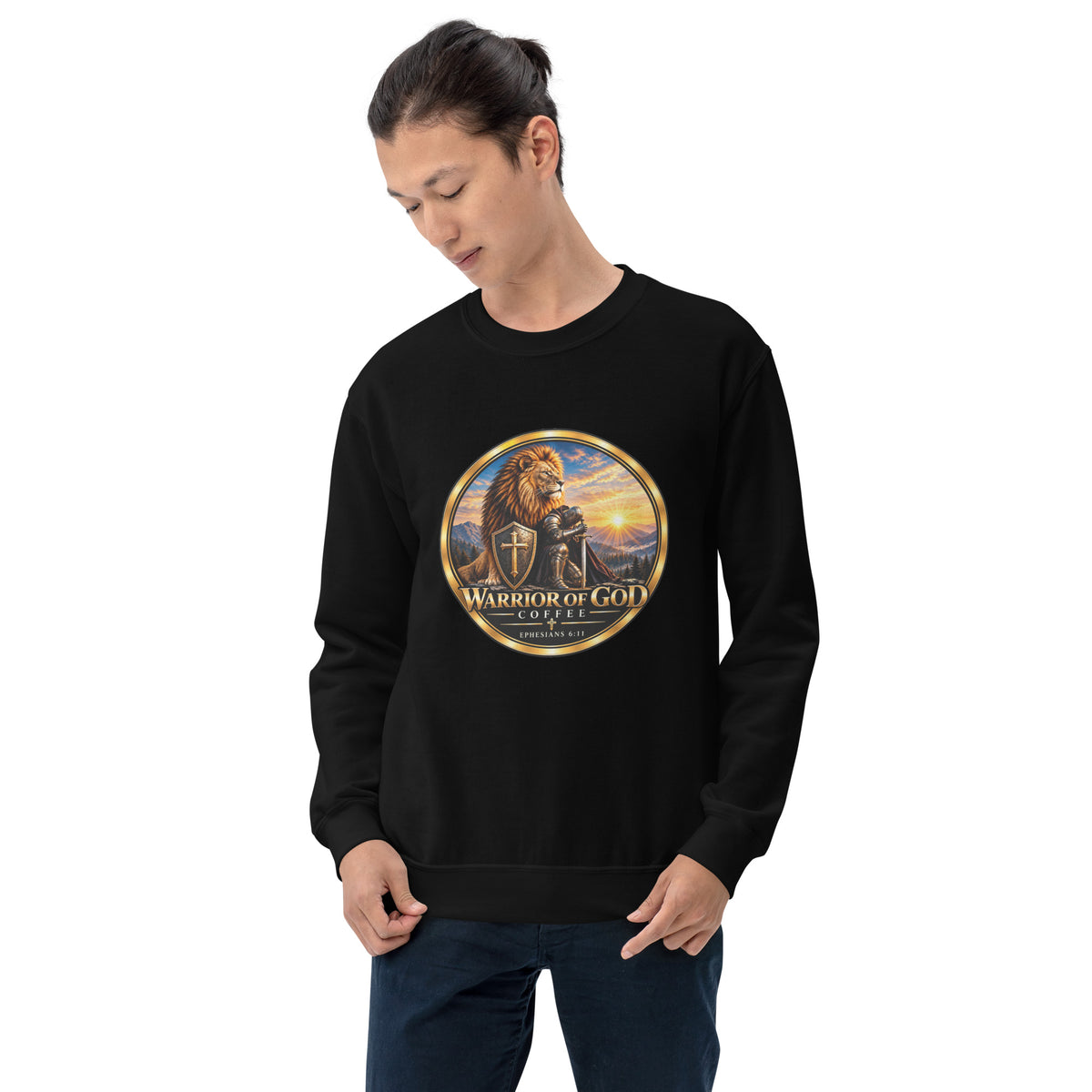Model wearing Black Shield Wall Christian crewneck sweatshirt with Warrior of God crest