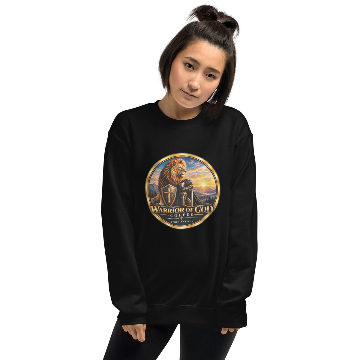 Model wearing Black Shield Wall Christian crewneck sweatshirt with Warrior of God crest