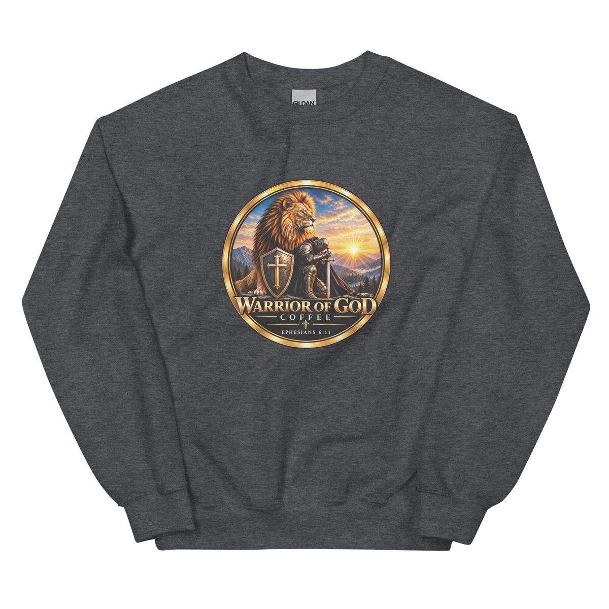 Dark Heather Shield Wall Christian crewneck sweatshirt with Warrior of God crest, front