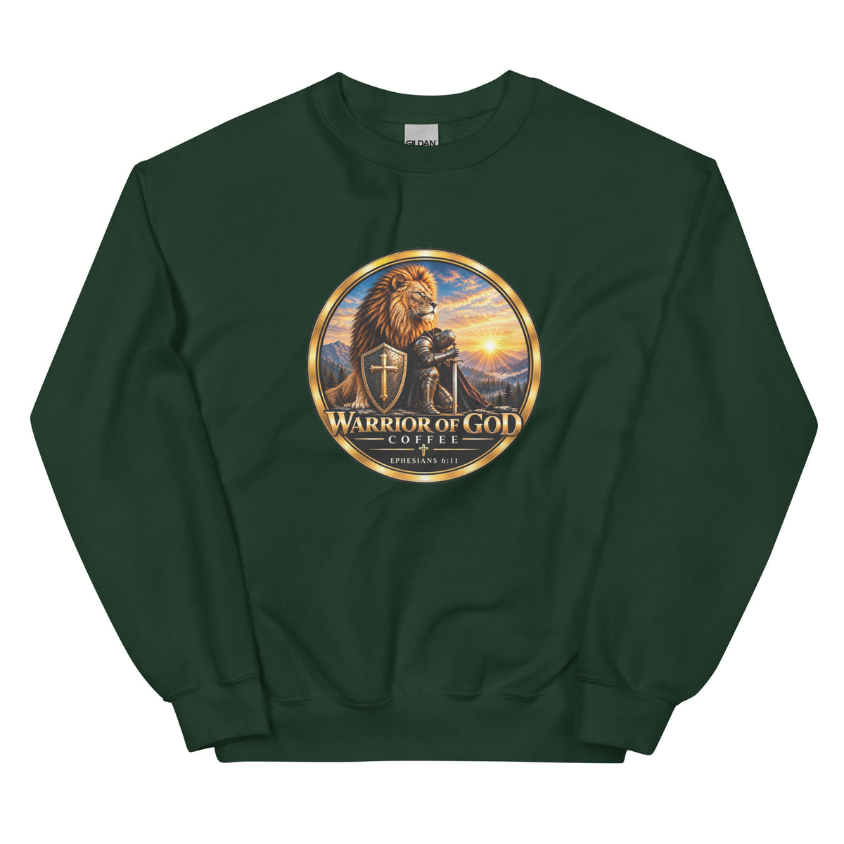 Forest Green Shield Wall Christian crewneck sweatshirt with Warrior of God crest, front