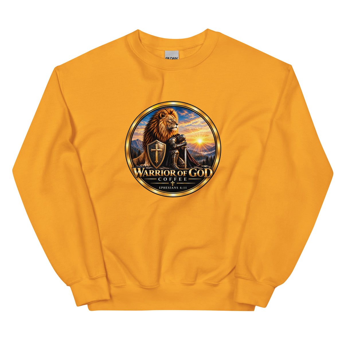 Gold Shield Wall Christian crewneck sweatshirt with Warrior of God crest, front