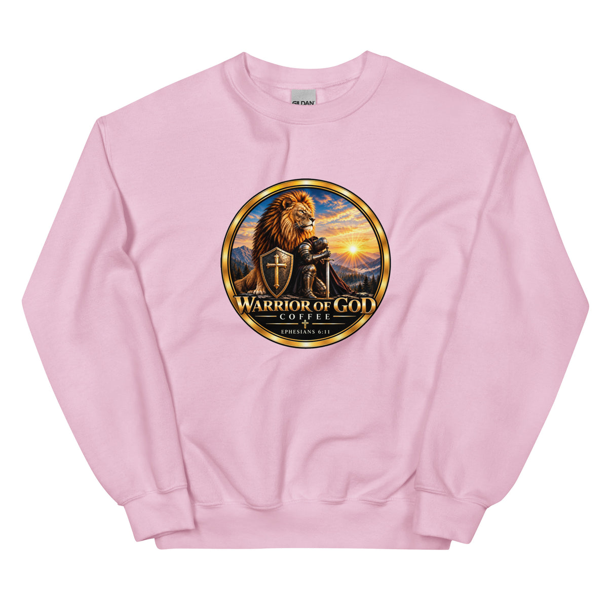Light Pink Shield Wall Christian crewneck sweatshirt with Warrior of God crest, front