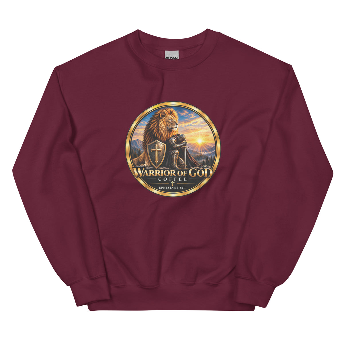 Maroon Shield Wall Christian crewneck sweatshirt with Warrior of God crest, front