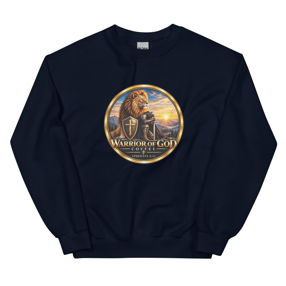 Navy Shield Wall Christian crewneck sweatshirt with Warrior of God crest, front
