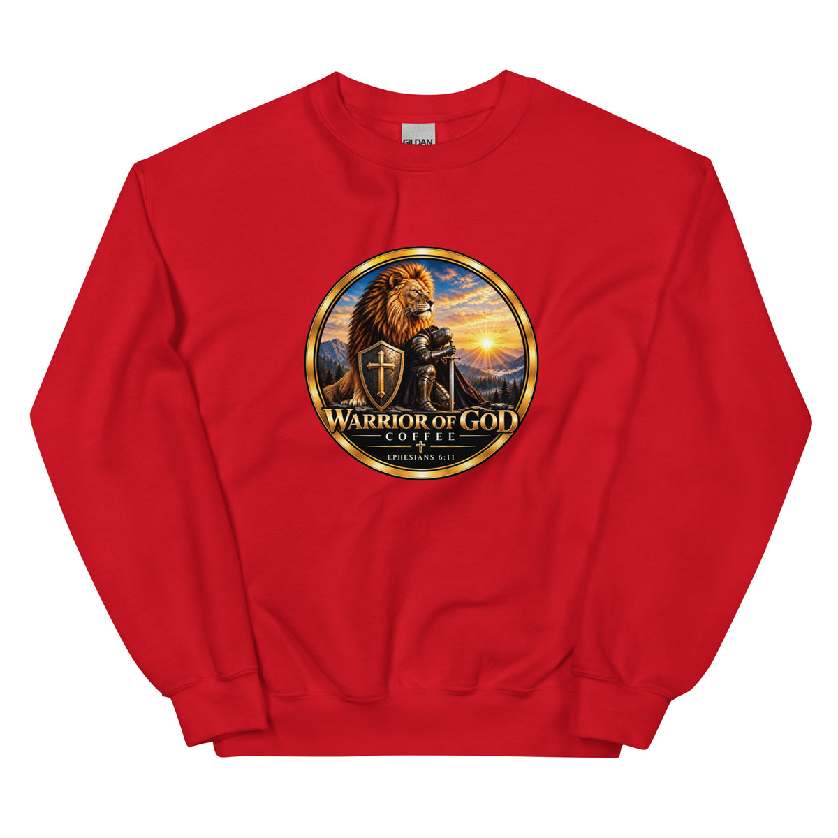 Red Shield Wall Christian crewneck sweatshirt with Warrior of God crest, front