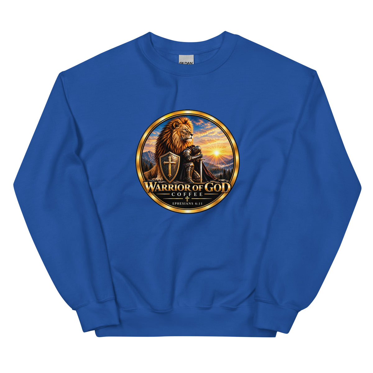 Royal Shield Wall Christian crewneck sweatshirt with Warrior of God crest, front