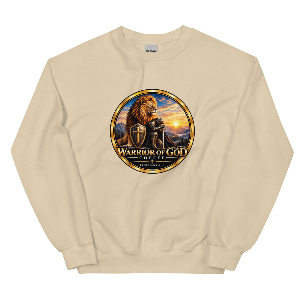 Sand Shield Wall Christian crewneck sweatshirt with Warrior of God crest, front
