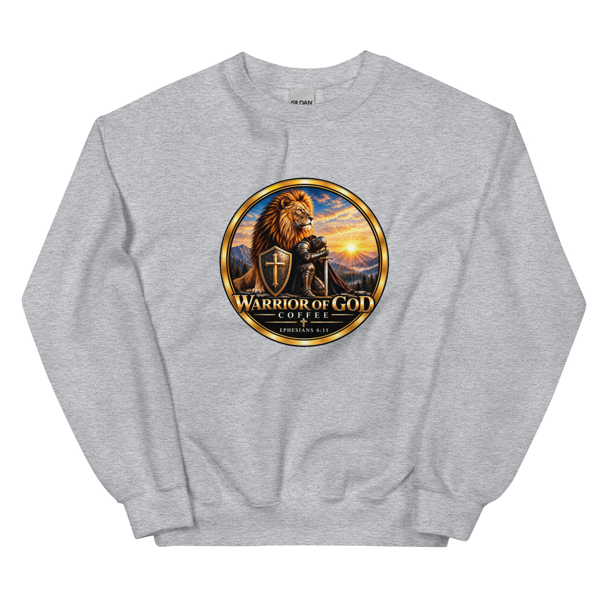 Sport Grey Shield Wall Christian crewneck sweatshirt with Warrior of God crest, front