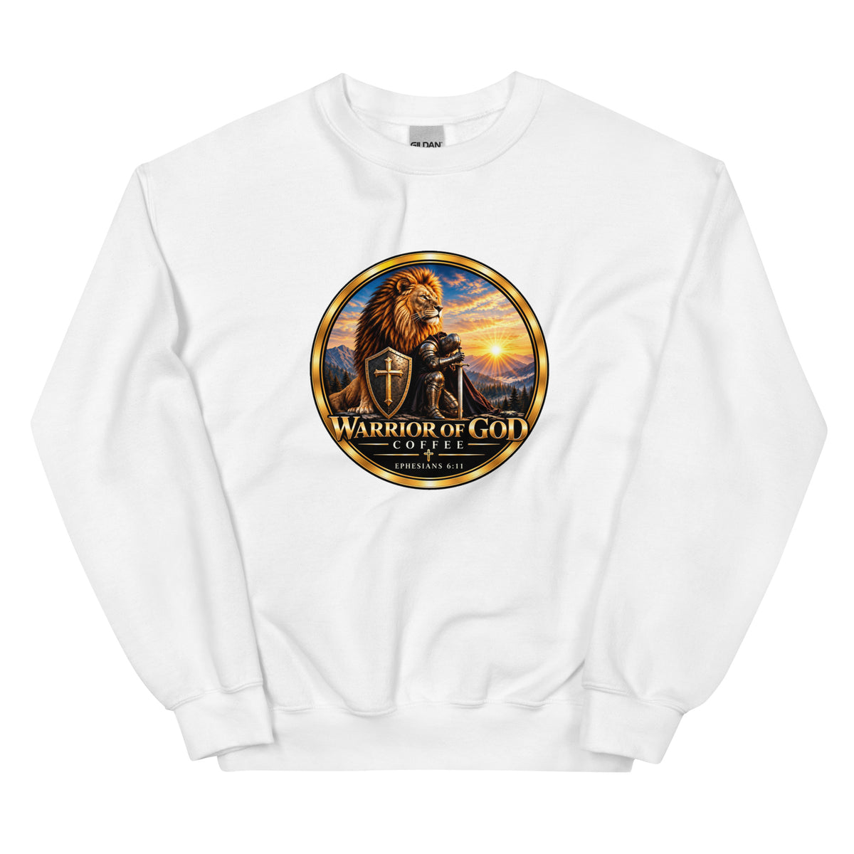 White Shield Wall Christian crewneck sweatshirt with Warrior of God crest, front