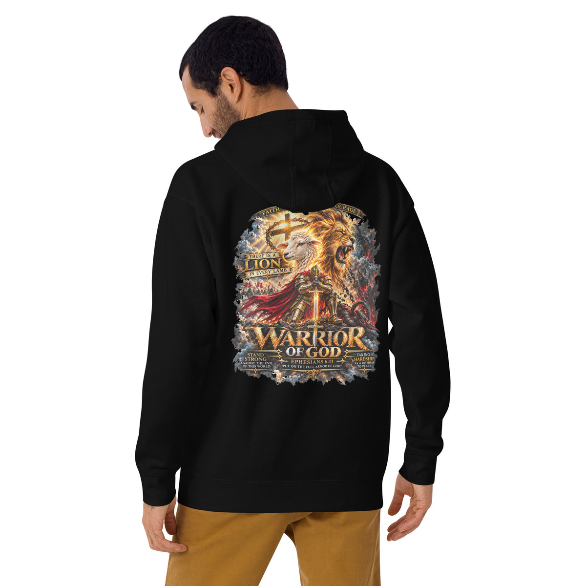 Lion in Every Lamb Warrior Hoodie, black, back print on model