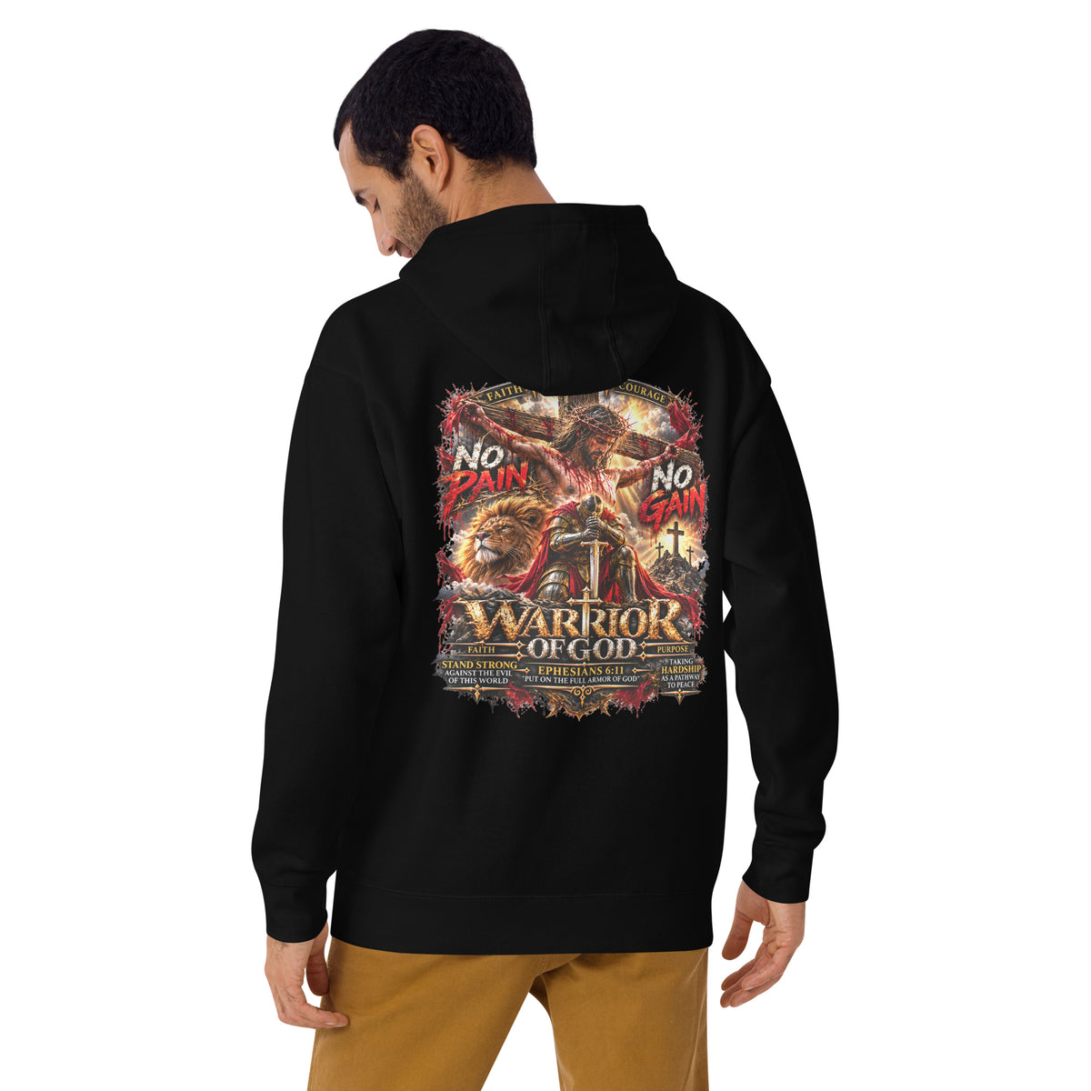 No Pain No Gain Warrior Hoodie, black, back print on model