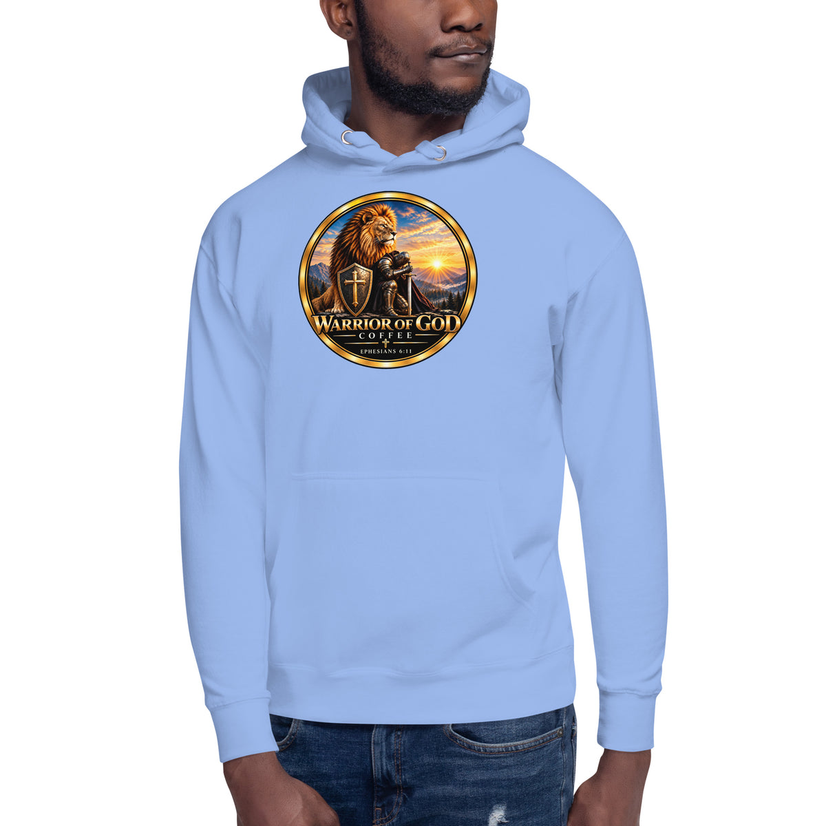 Full Armor Hoodie, carolina blue, on model