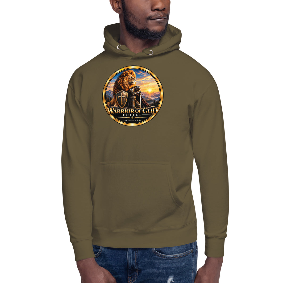 Full Armor Hoodie, military green, on model