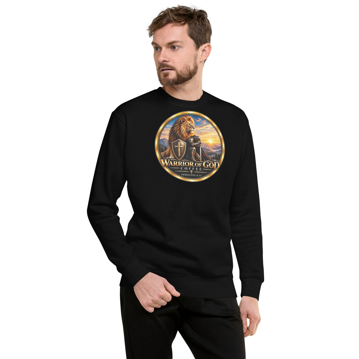 Man wearing Black Lionheart Premium Christian crewneck with Warrior of God lion and knight crest, front