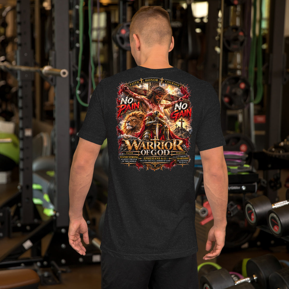 No Pain No Gain Warrior Tee, black, back print on model