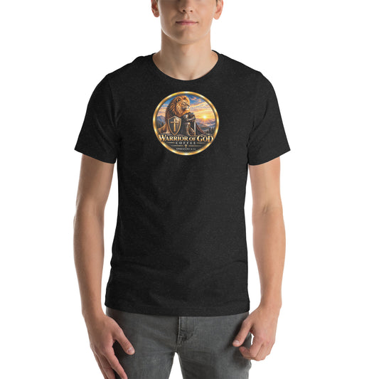Man wearing Black Heather Warrior Crest Christian t-shirt with Warrior of God lion and knight crest, front