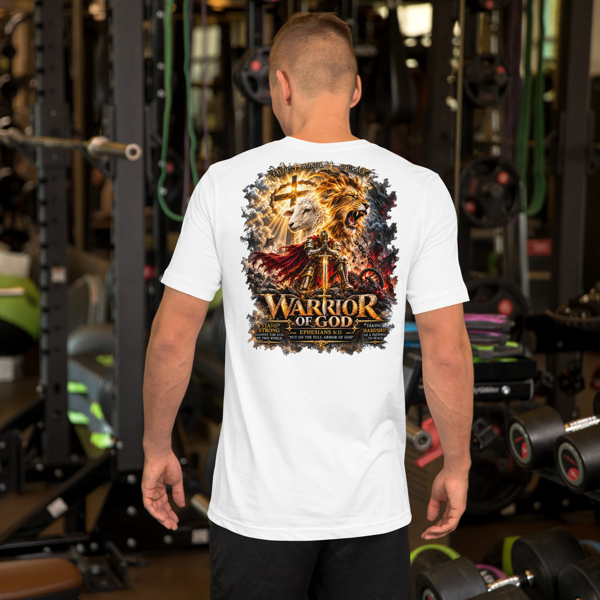 Lion in Every Lamb Warrior Tee white - back print on model