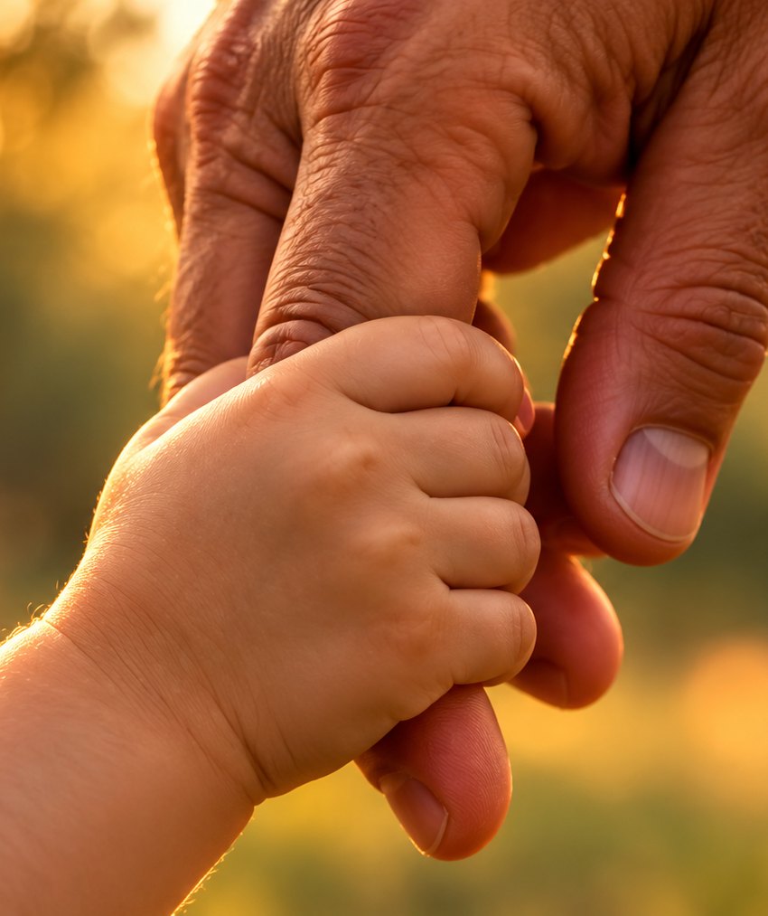 An adult's hand holding a child's hand at sunrise